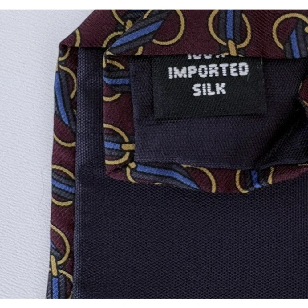 Ted Lapidus Silk Tie Made in USA Burgundy Blue Gold Chain Equestrian 3.75